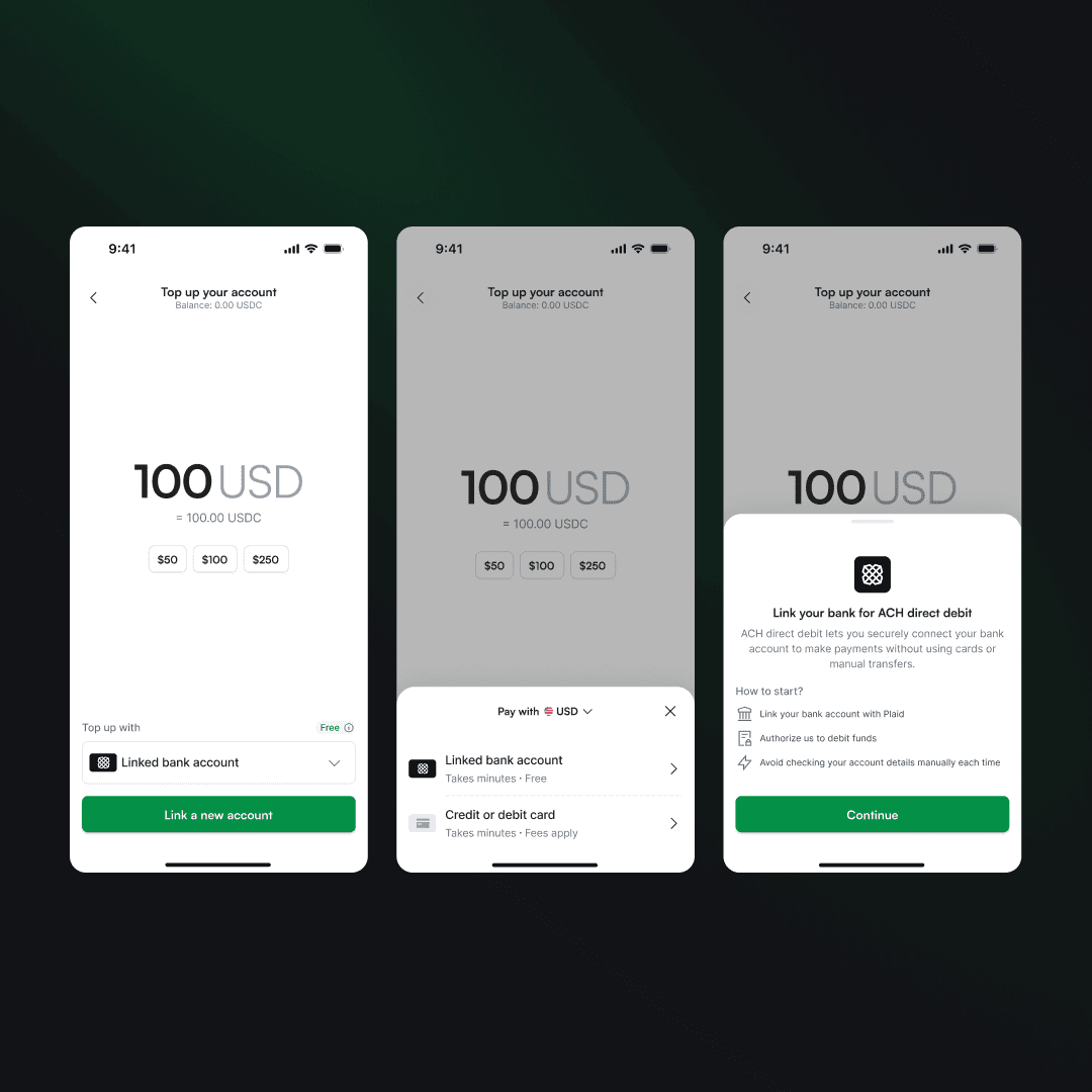 3 screens showing ACH Direct Debit integration flow
