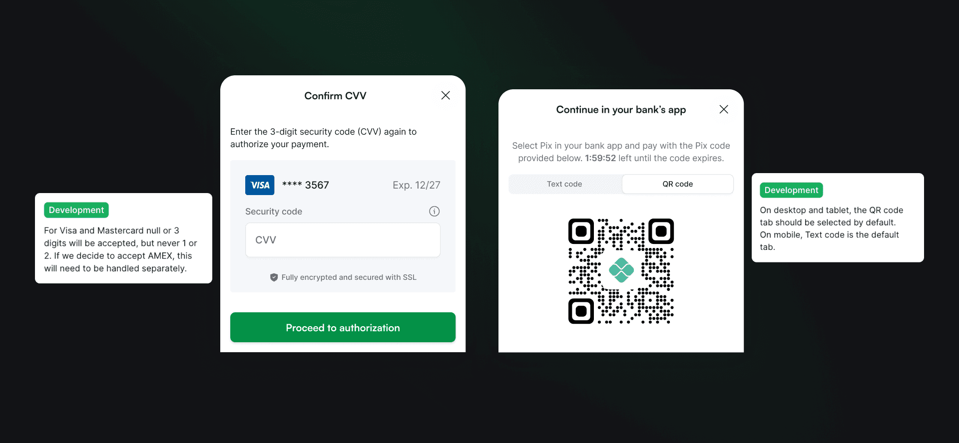 2 screens - Confirm card CVV form and pay by QR code in Pix along with annotations