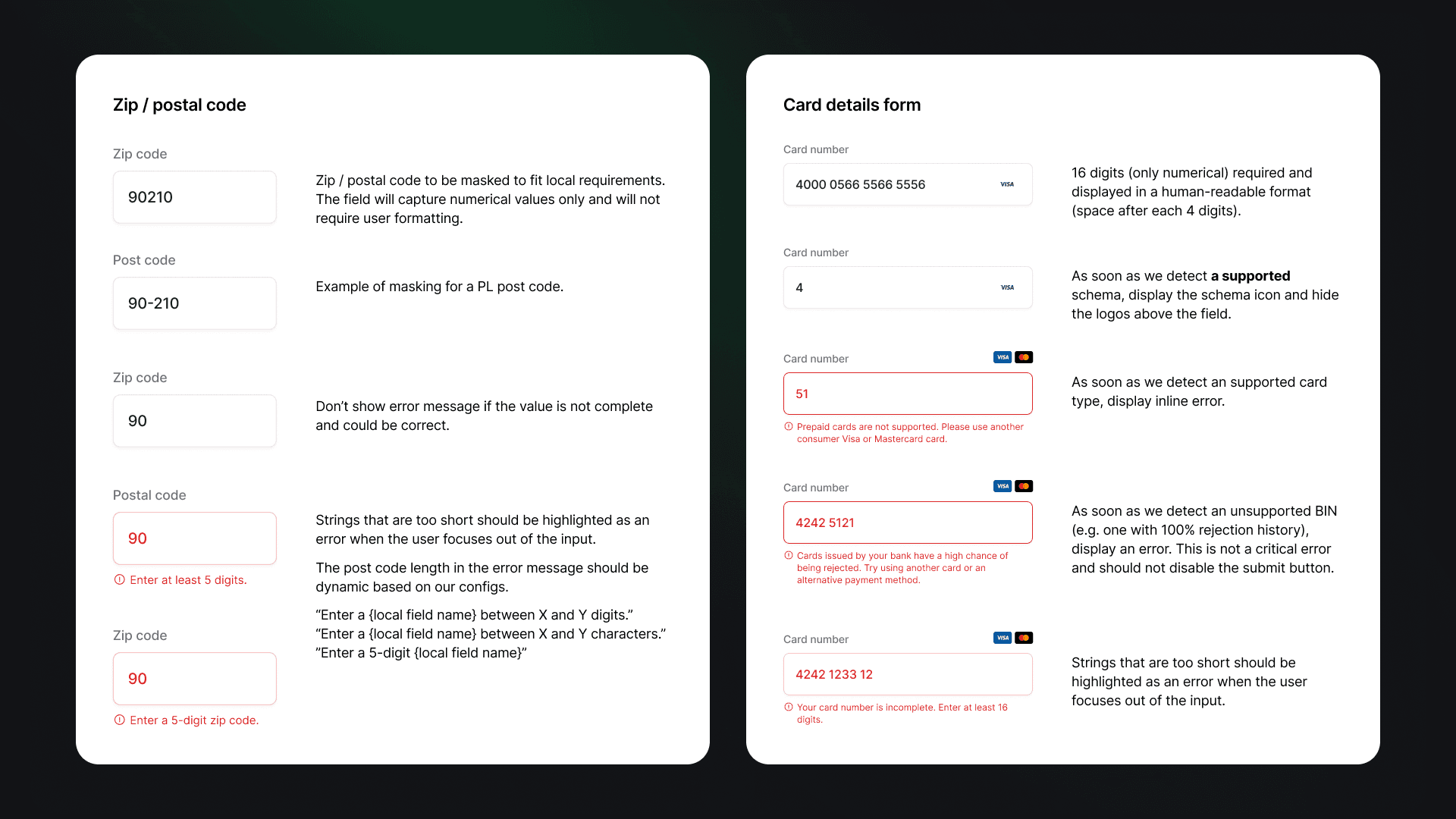 A developer handoff document with states of various form fields and their error states.