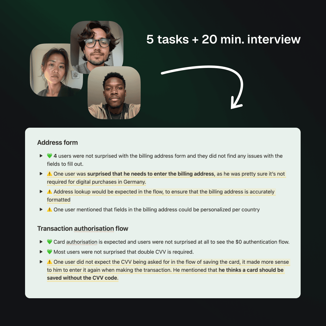 3 user avatars, text '5 tasks + 20 min. interview' and a screenshot from a Notion document with research insights.