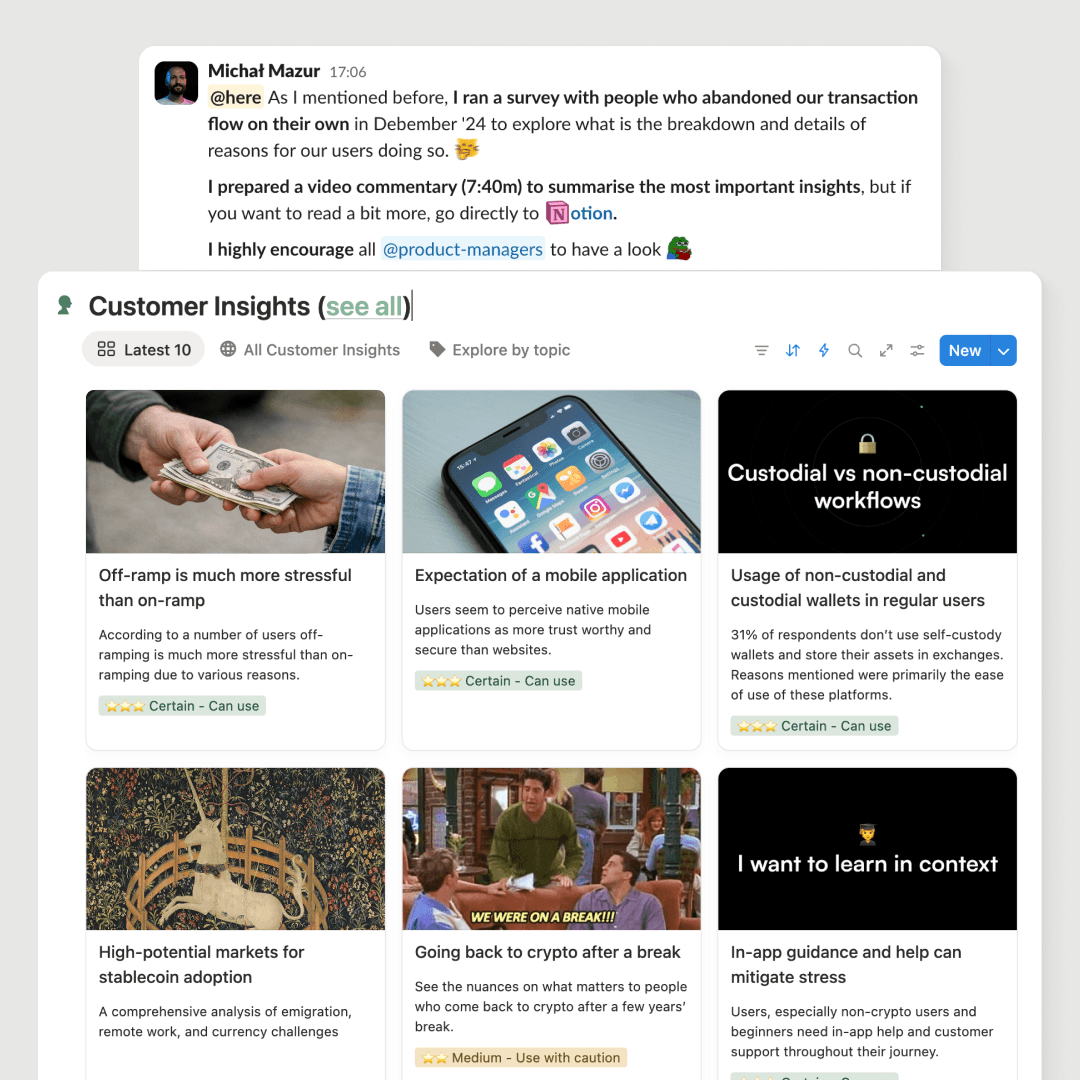 A screenshot from a Slack message from Michał mentioning the results of a research study and repository in Notion